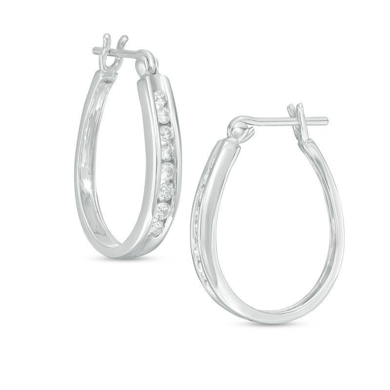 Main Image 1 of Previously Owned - 1/2 CT. T.W. Channel-Set Diamond Oval Hoop Earrings in 14K White Gold