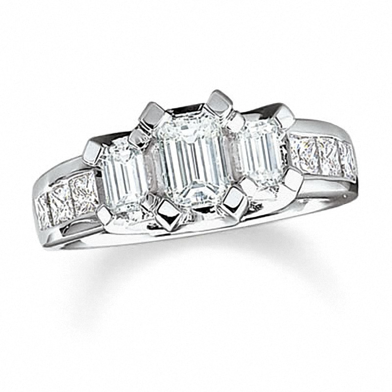 Main Image 1 of Previously Owned - 2 CT. T.W. Emerald-Cut Diamond Three Stone Ring in 18K White Gold