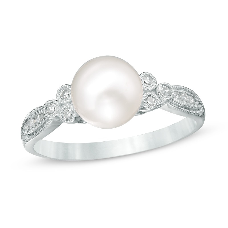 Main Image 1 of Previously Owned-7.0-7.5mm Freshwater Cultured Pearl and 1/10 CT. T.W. Diamond Tri-Sides Ring in 10K White Gold