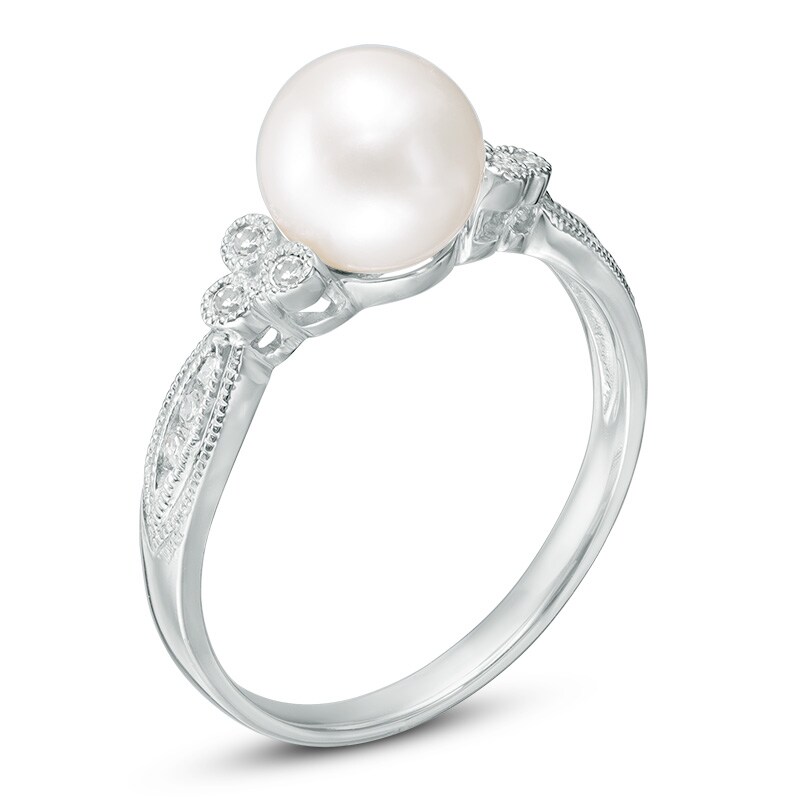 Main Image 2 of Previously Owned-7.0-7.5mm Freshwater Cultured Pearl and 1/10 CT. T.W. Diamond Tri-Sides Ring in 10K White Gold