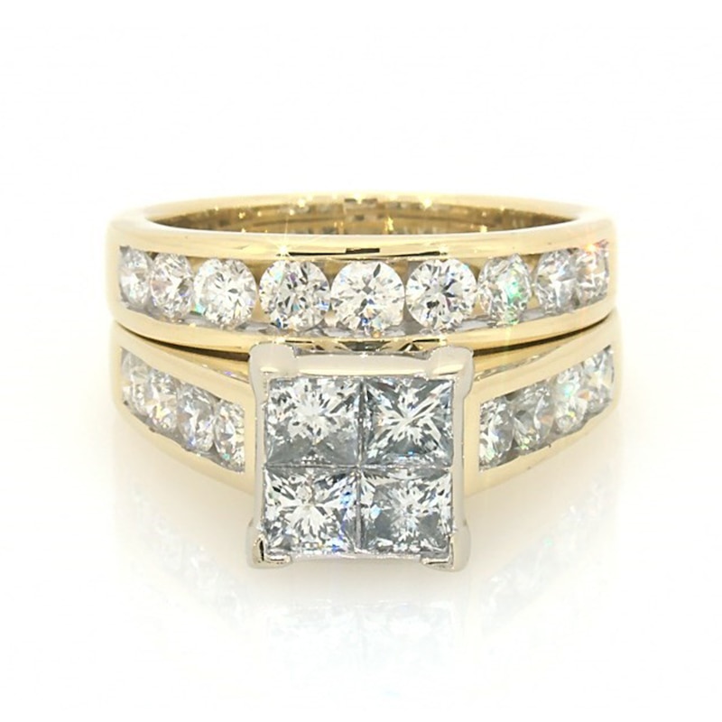 Main Image 1 of Previously Owned 3 CT. T.W. Quad Square-Cut Diamond Soldered Bridal Set in 14K Gold