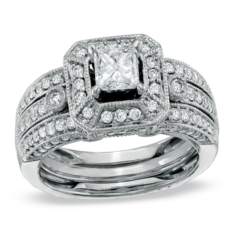 Main Image 1 of Previously Owned - 1-5/8 CT. T.W. Princess-Cut Diamond Bridal Set in 14K White Gold