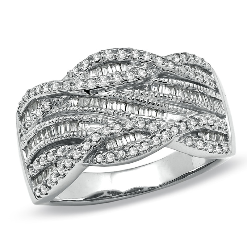 Main Image 1 of Previously Owned - 1/2 CT. T.W. Round and Baguette Diamond Swirl Band in 10K White Gold