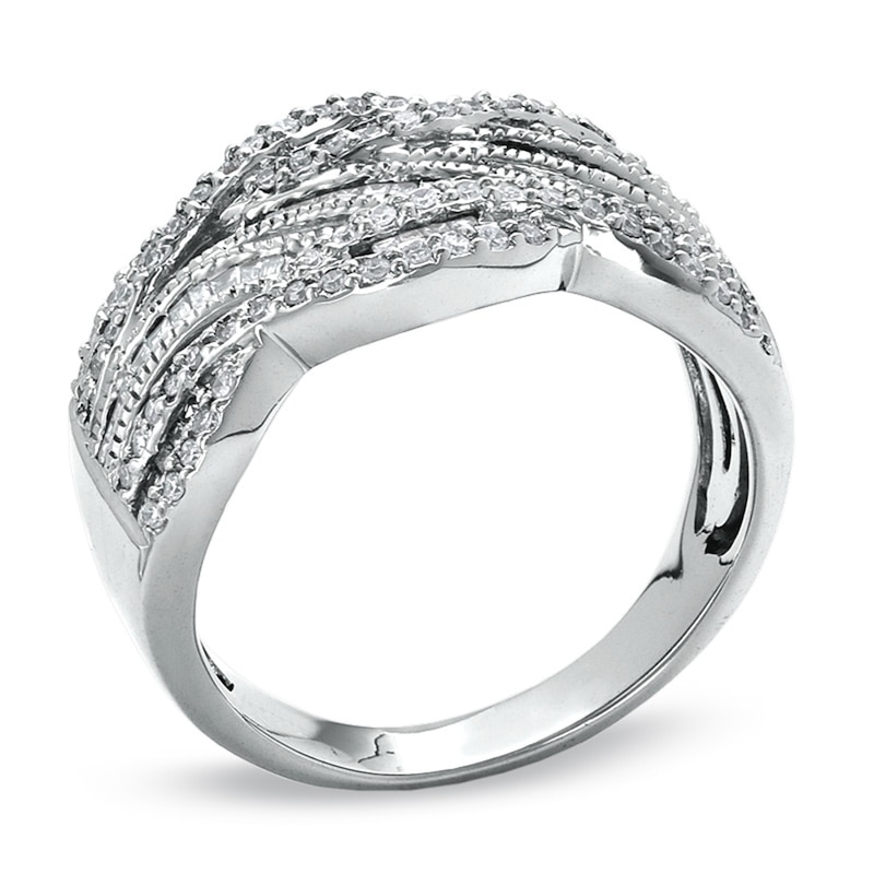 Main Image 2 of Previously Owned - 1/2 CT. T.W. Round and Baguette Diamond Swirl Band in 10K White Gold