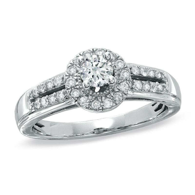 Main Image 1 of Previously Owned - 1/2 CT. T.W. Diamond Split-Shank Frame Engagement Ring in 14K White Gold