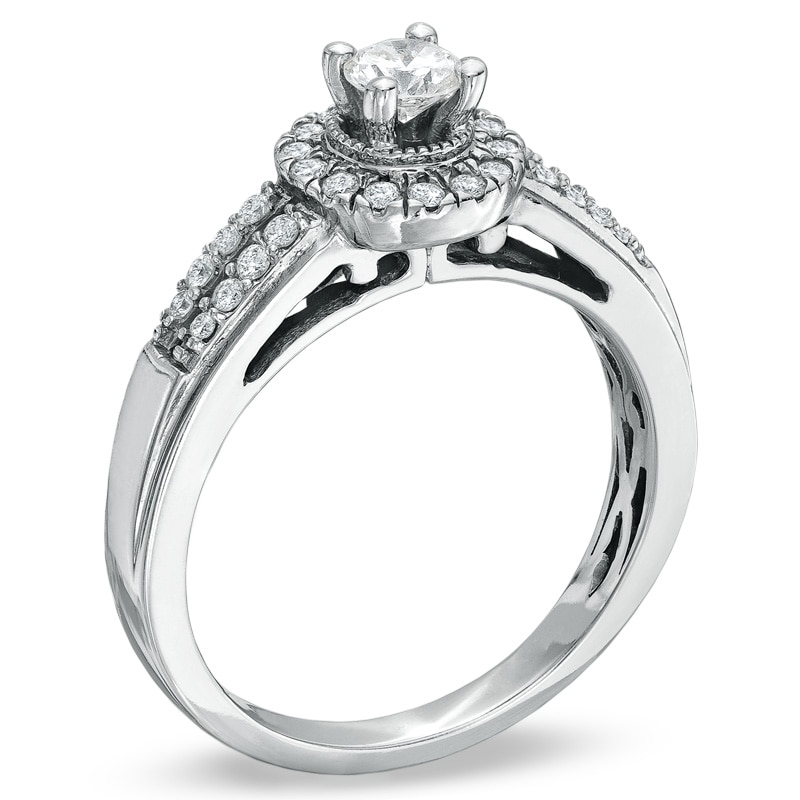 Main Image 2 of Previously Owned - 1/2 CT. T.W. Diamond Split-Shank Frame Engagement Ring in 14K White Gold