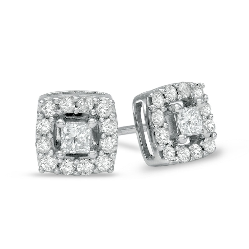 Main Image 1 of Previously Owned - 1/2 CT. T.W. Princess-Cut Diamond Cushion Frame Stud Earrings in 10K White Gold