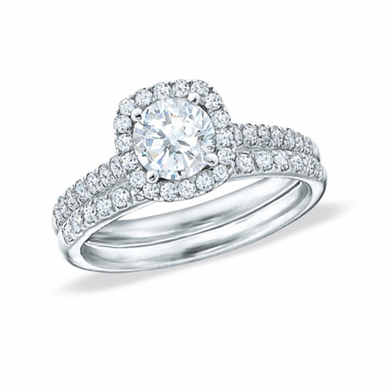 Main Image 1 of Previously Owned - 1/2 CT. T.W. Diamond Frame Three Piece Bridal Set in 14K White Gold
