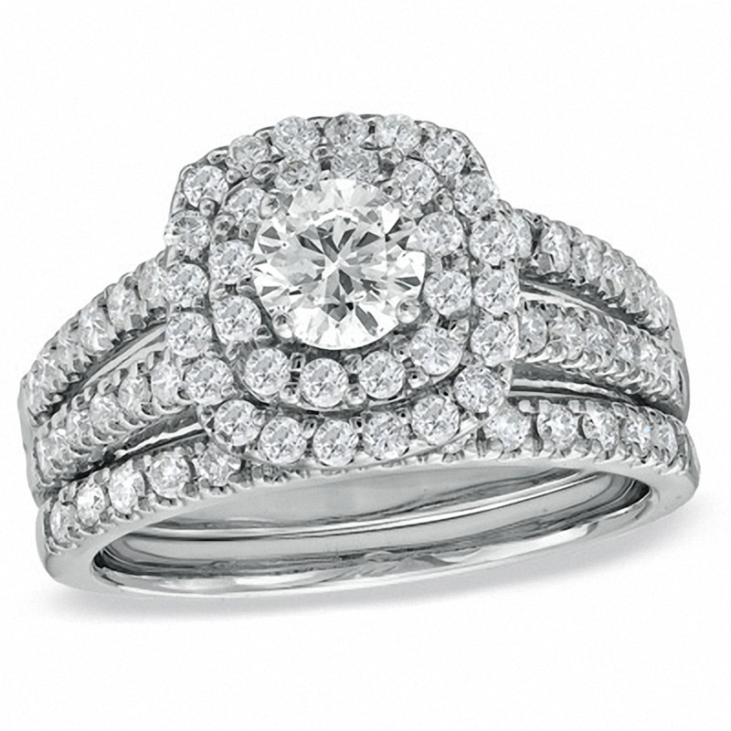 Main Image 1 of Previously Owned - 1-1/2 CT. T.W. Diamond Double Frame Bridal Set in 14K White Gold