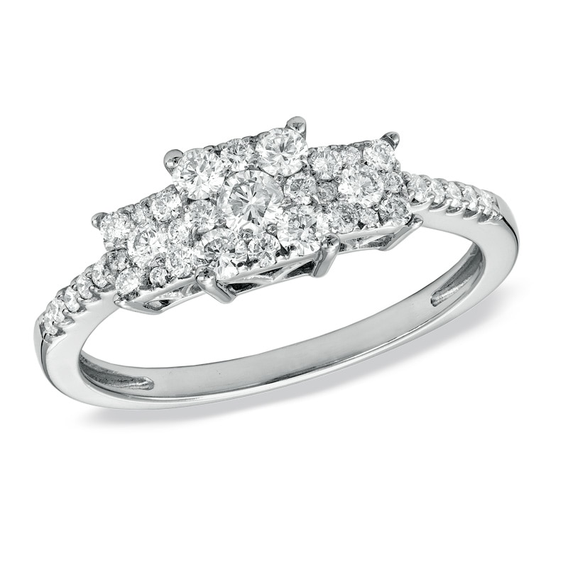 Main Image 1 of Previously Owned - 1/2 CT. T.W. Diamond Three Stone Square Composite Ring in 14K White Gold