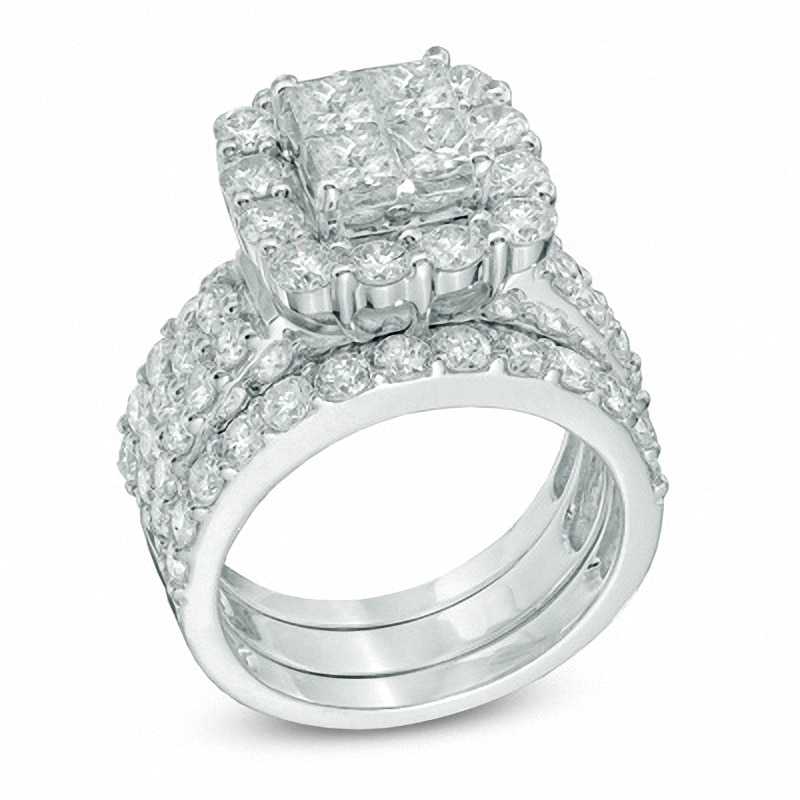 Main Image 2 of Previously Owned - 4 CT. T.W. Quad Princess-Cut Diamond Frame Bridal Set in 14K White Gold
