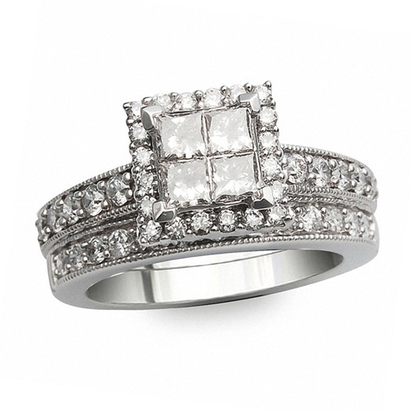 Previously Owned - 1 CT. T.W. Quad Princess-Cut Diamond Framed Bridal Set in 14K White Gold