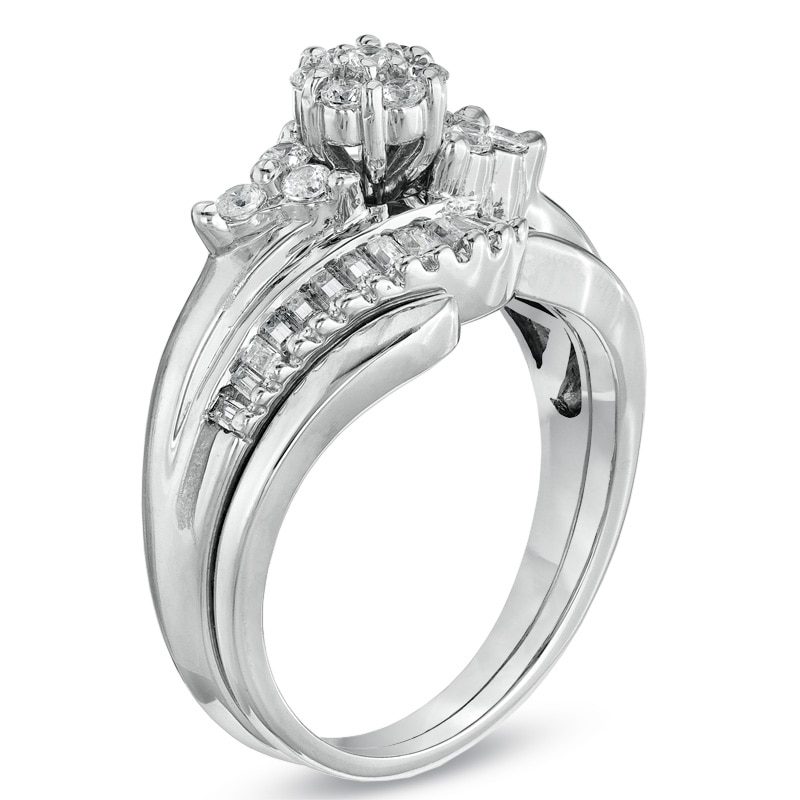 Main Image 2 of Previously Owned - 1/2 CT. T.W. Diamond Cluster Swirl Bridal Set in 10K White Gold