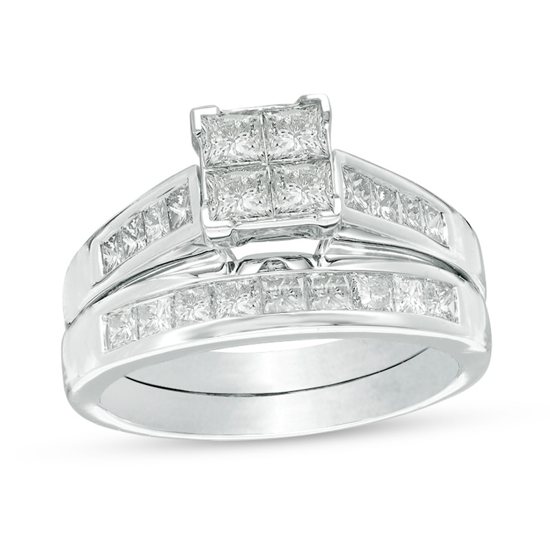 Main Image 1 of Previously Owned - 1-1/2 CT. T.W. Quad Princess-Cut Diamond Bridal Set in 14K White Gold