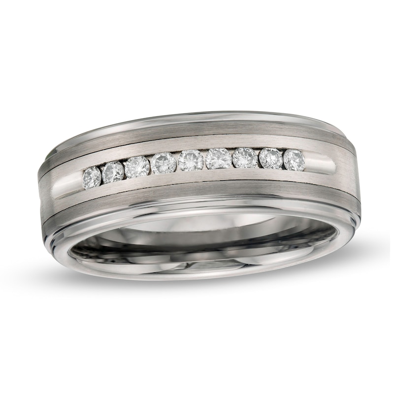 Main Image 1 of Previously Owned - 1/4 CT. T.W. Diamond Channel Wedding Band in Tungsten Carbide and Stainless Steel