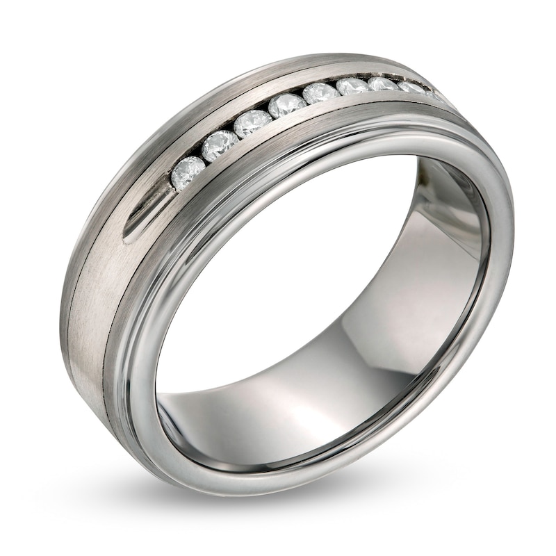 Main Image 3 of Previously Owned - 1/4 CT. T.W. Diamond Channel Wedding Band in Tungsten Carbide and Stainless Steel