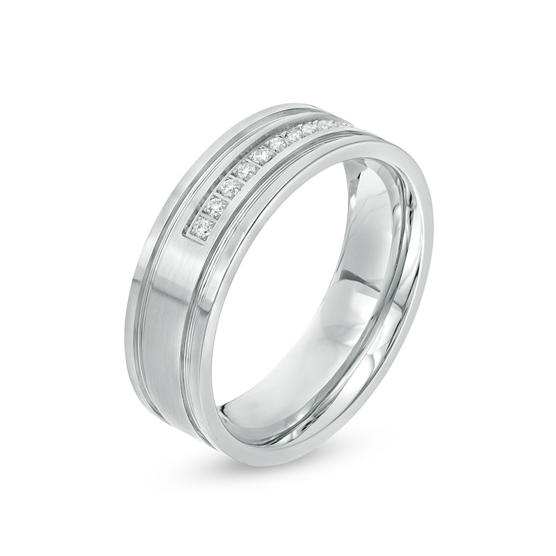 Main Image 2 of Previously Owned - Men's 1/8 CT. T.W. Diamond Comfort-Fit Wedding Band in Stainless Steel