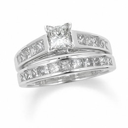 Previously Owned - 1-7/8 CT. T.W. Princess Cut Diamond Bridal Set with Diamond Accents in 14K White Gold