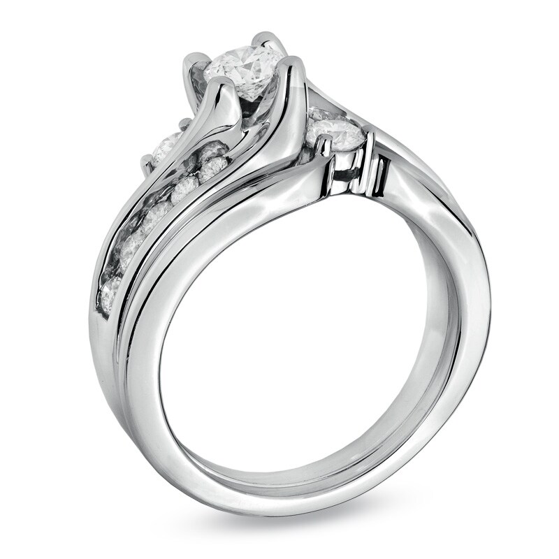 Main Image 2 of Previously Owned - 1 CT. T.W. Diamond Three Stone Swirl Bridal Set in 14K White Gold