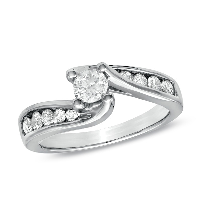 Main Image 4 of Previously Owned - 1 CT. T.W. Diamond Three Stone Swirl Bridal Set in 14K White Gold