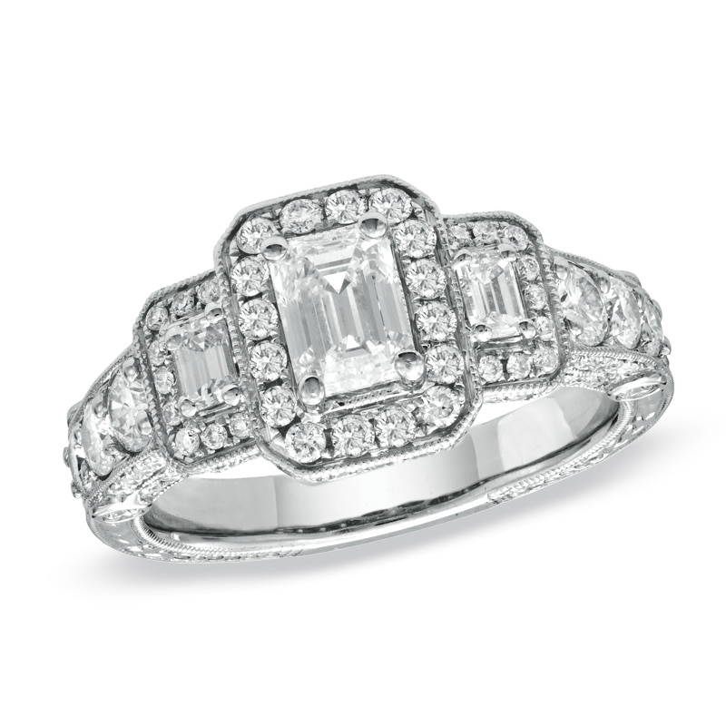 Main Image 1 of Previously Owned - 2 CT. T.W. Framed Emerald-Cut Diamond Three Stone Ring in 14K White Gold