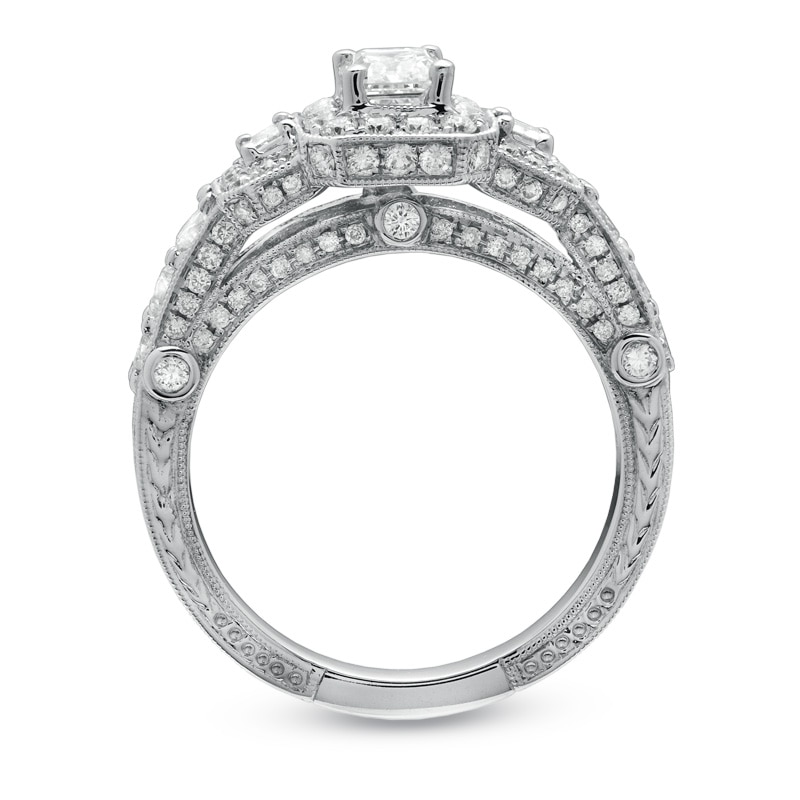 Main Image 2 of Previously Owned - 2 CT. T.W. Framed Emerald-Cut Diamond Three Stone Ring in 14K White Gold