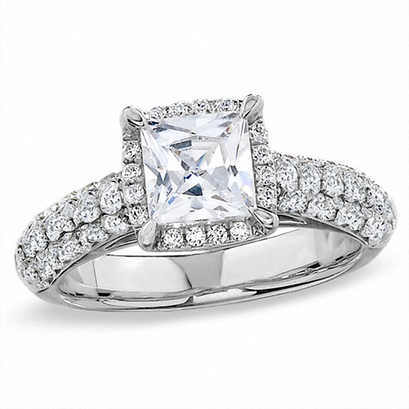 Main Image 1 of Previously Owned - 2-1/2 CT. T.W.  Framed Princess-Cut Diamond Engagement Ring in 14K White Gold