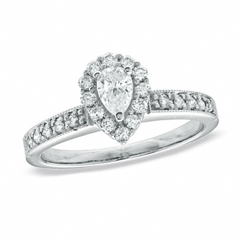 Main Image 1 of Previously Owned - 5/8 CT. T.W. Pear-Shaped Diamond Frame Engagement Ring in 14K White Gold