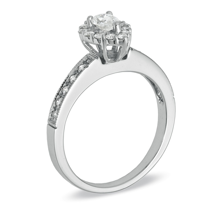 Main Image 2 of Previously Owned - 5/8 CT. T.W. Pear-Shaped Diamond Frame Engagement Ring in 14K White Gold