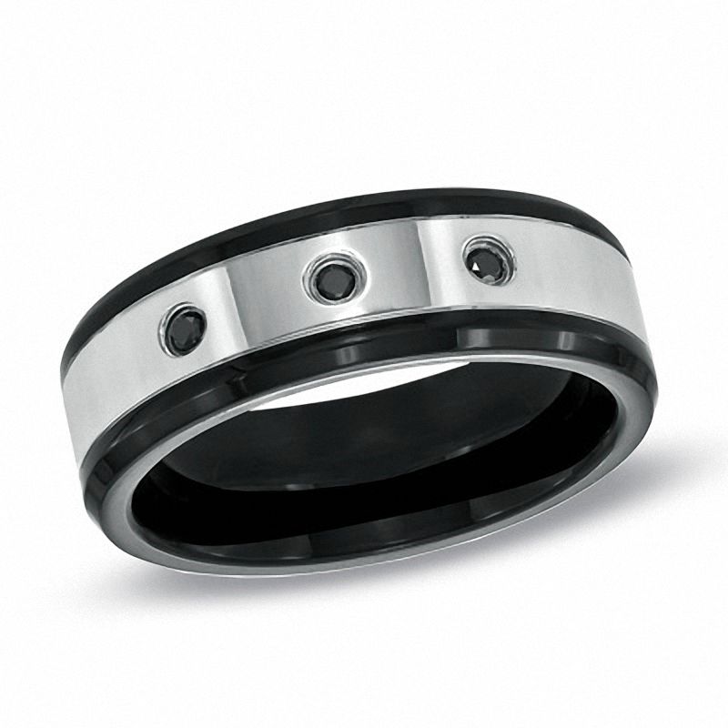 Previously Owned - Men's 1/10 CT. T.W. Black Diamond Comfort Fit Wedding Band in Two-Tone Stainless Steel