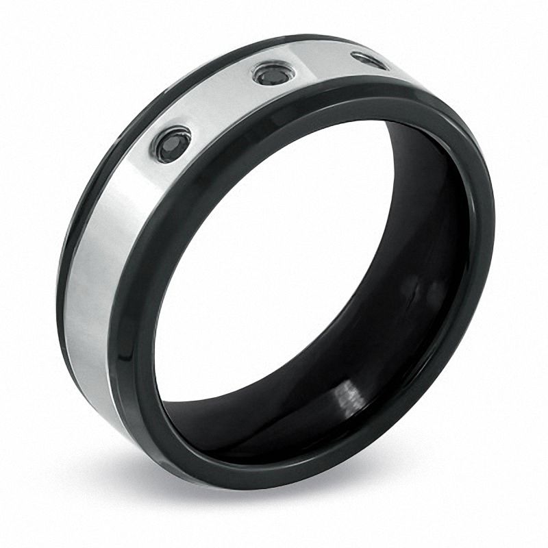 Previously Owned - Men's 1/10 CT. T.W. Black Diamond Comfort Fit Wedding Band in Two-Tone Stainless Steel