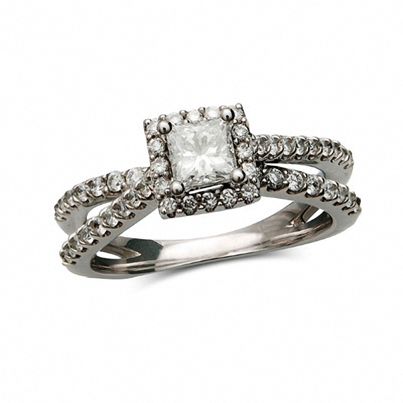 Previously Owned - 1 CT. T.W. Princess-Cut Diamond Frame Split Shank Ring in 14K White Gold