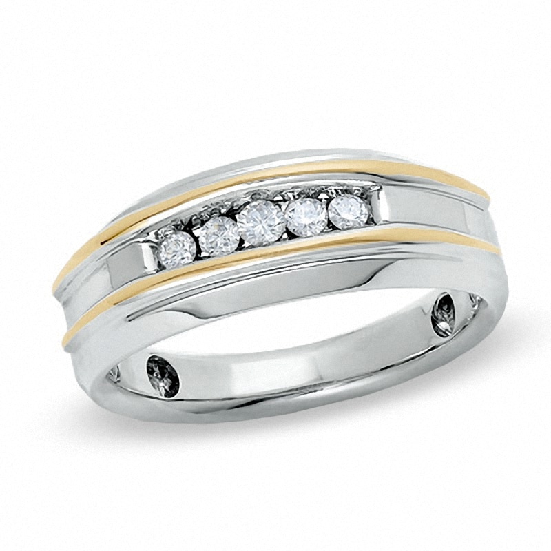 Previously Owned - Men's 1/2 CT. T.W. Diamond Five Stone Double Ribbon Band in 10K Two-Tone Gold