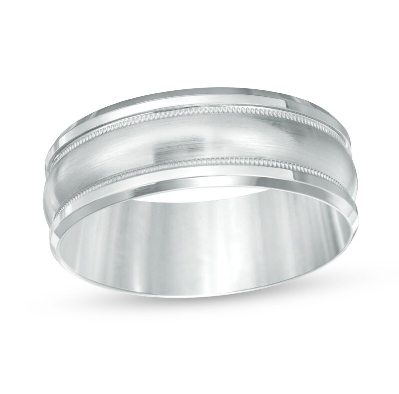 Main Image 1 of Previously Owned - 8.0mm Comfort-Fit Satin and Milgrain-Edge Wedding Band in 14K White Gold