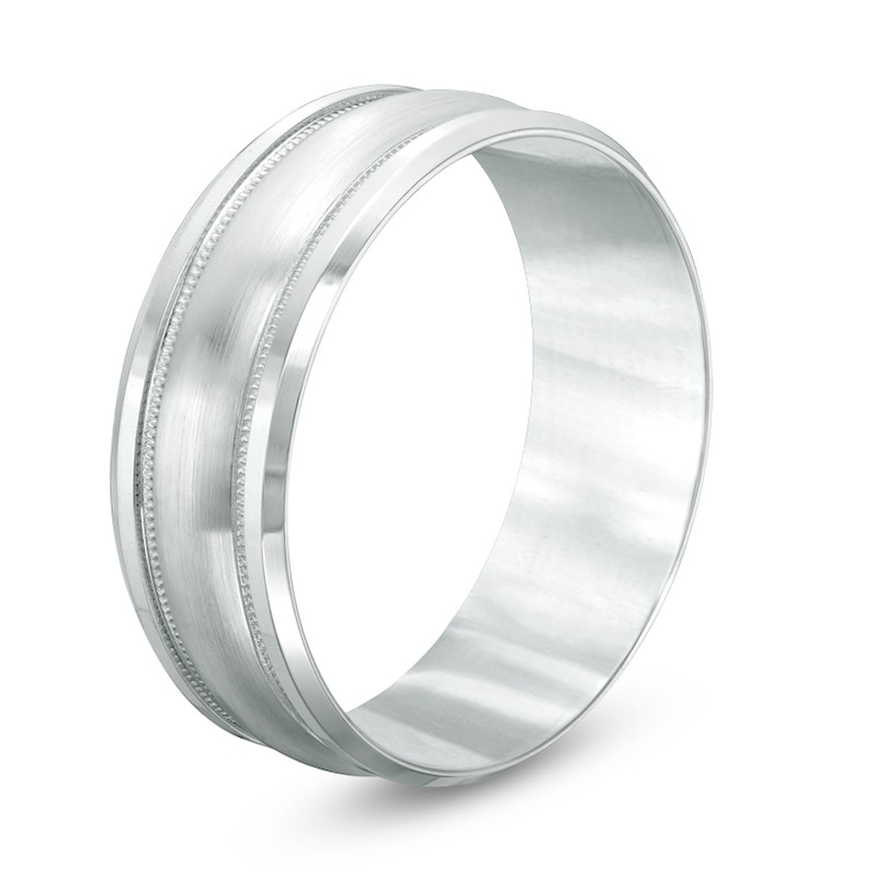 Main Image 2 of Previously Owned - 8.0mm Comfort-Fit Satin and Milgrain-Edge Wedding Band in 14K White Gold