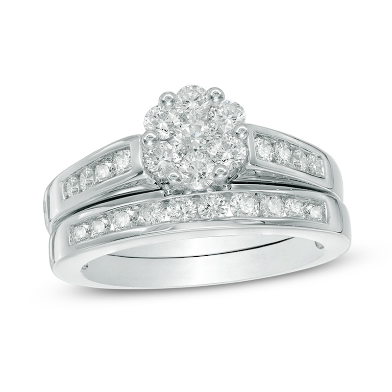Main Image 1 of Previously Owned - 1 CT. T.W. Multi-Diamond Flower Bridal Set in 10K White Gold
