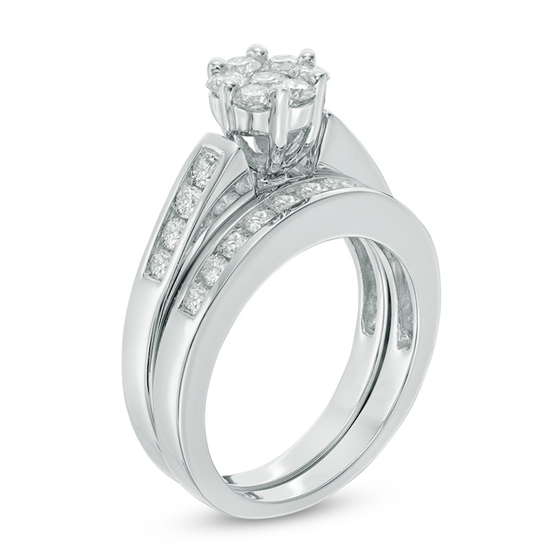 Main Image 2 of Previously Owned - 1 CT. T.W. Multi-Diamond Flower Bridal Set in 10K White Gold
