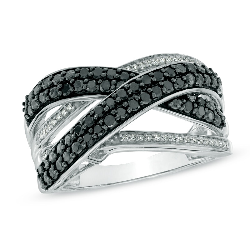 Previously Owned - 1/2 CT. T.W. Enhanced Black and White Diamond Cross-Over Ring in Sterling Silver