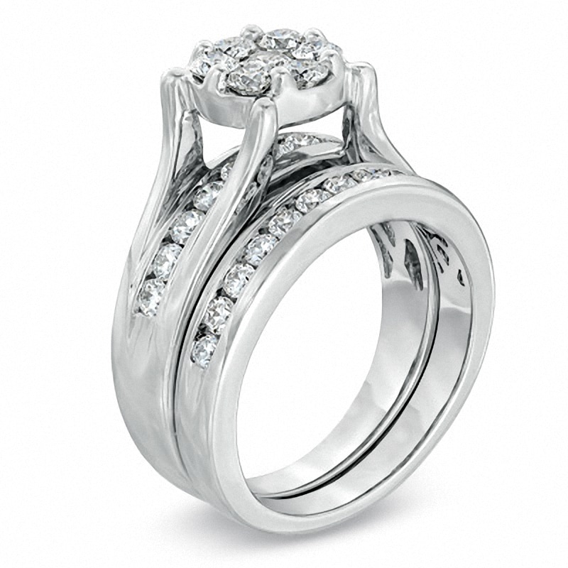 Main Image 2 of Previously Owned - 1-1/2 CT. T.W. Diamond Cluster Bridal Set in 14K White Gold