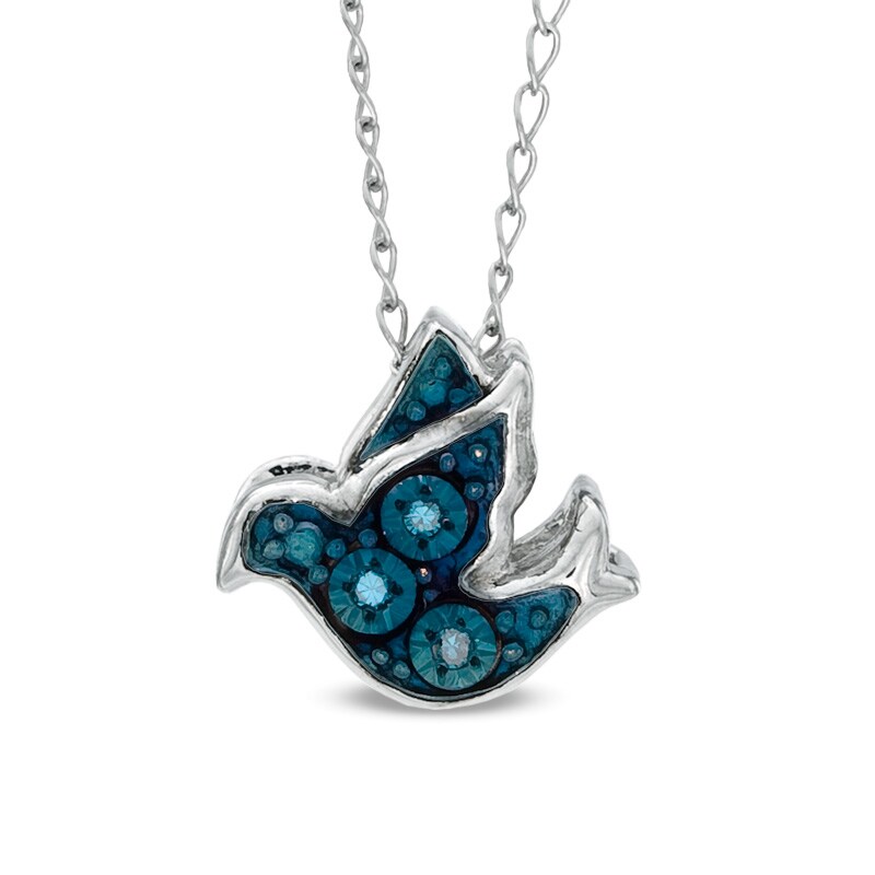 Main Image 1 of Previously Owned - TEENYTINY® Enhanced Blue Diamond Accent Dove Pendant in Sterling Silver - 17"