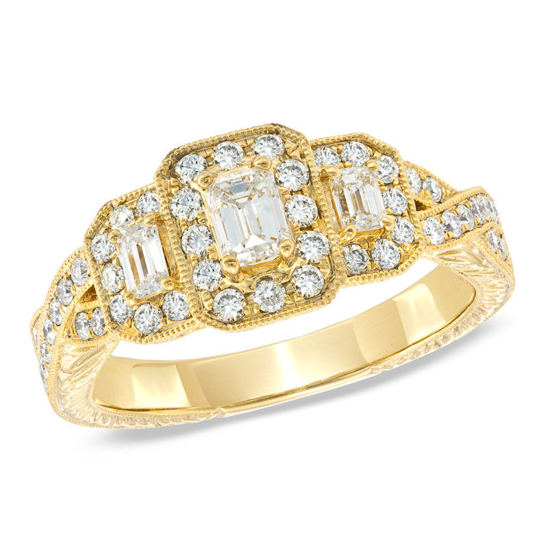 Previously Owned - 1 CT. T.W. Certified Emerald-Cut Diamond Three Stone Vintage-Style Ring in 14K Gold (I/I1)