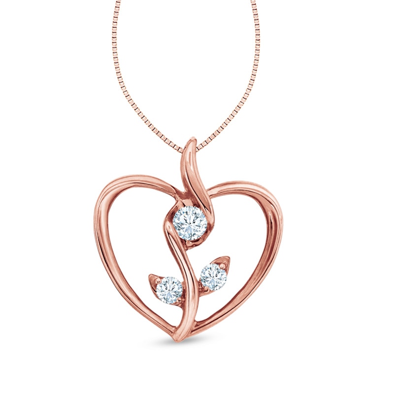Previously Owned - Sirena™ 1/8 CT. T.W. Diamond Three Stone Blooming Heart Pendant in 10K Rose Gold