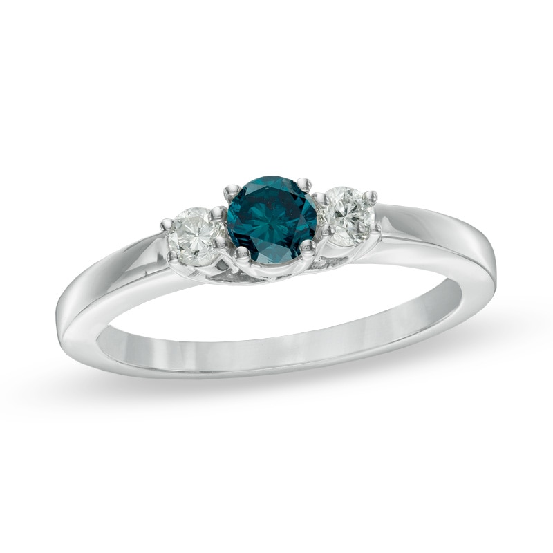 Previously Owned - 1/2 CT. T.W. Enhanced Blue and White Diamond Three Stone Ring in 14K White Gold