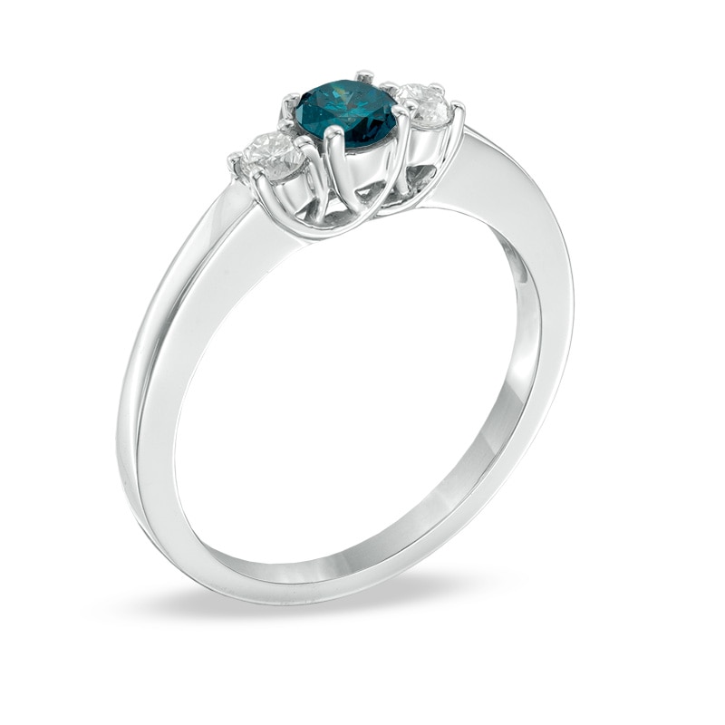 Main Image 2 of Previously Owned - 1/2 CT. T.W. Enhanced Blue and White Diamond Three Stone Ring in 14K White Gold