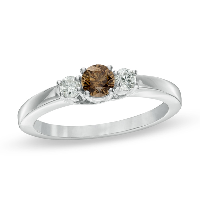 Main Image 1 of Previously Owned - 1/2 CT. T.W. Enhanced Champagne and White Diamond Three Stone Ring in 14K White Gold