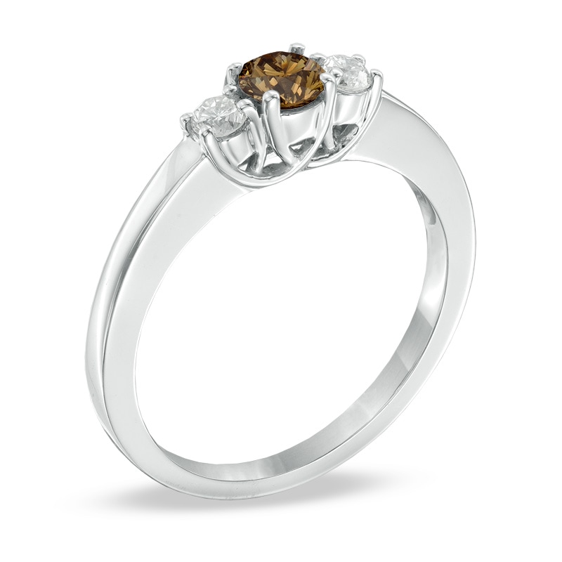 Main Image 2 of Previously Owned - 1/2 CT. T.W. Enhanced Champagne and White Diamond Three Stone Ring in 14K White Gold