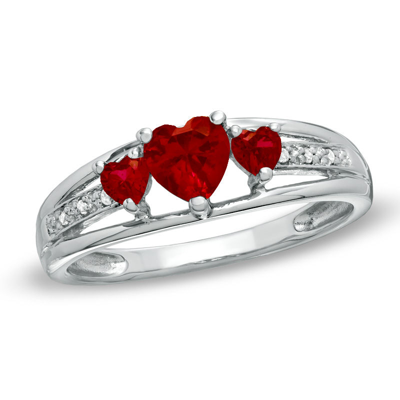 Main Image 1 of Previously Owned - Heart-Shaped Lab-Created Ruby Three Stone and Diamond Accent Ring in Sterling Silver