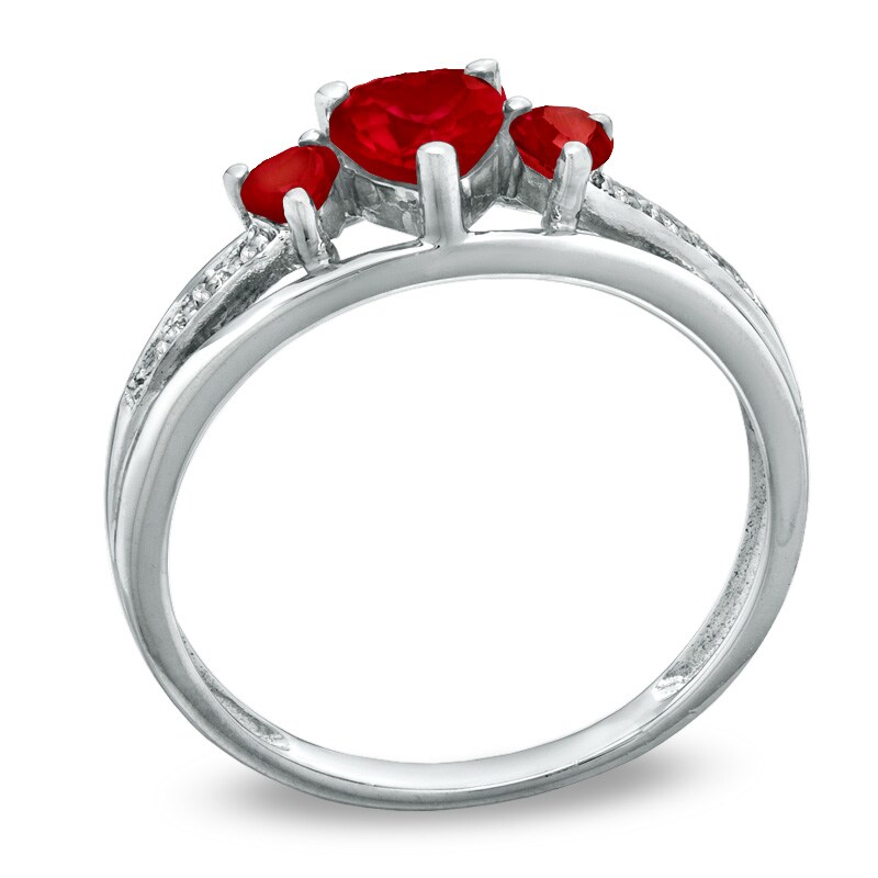 Main Image 2 of Previously Owned - Heart-Shaped Lab-Created Ruby Three Stone and Diamond Accent Ring in Sterling Silver