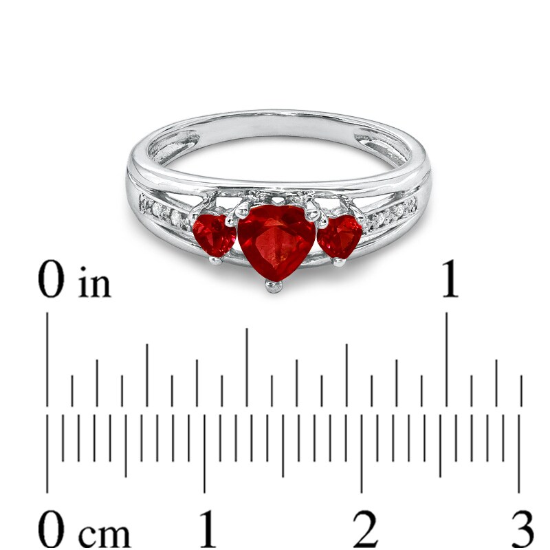 Main Image 3 of Previously Owned - Heart-Shaped Lab-Created Ruby Three Stone and Diamond Accent Ring in Sterling Silver