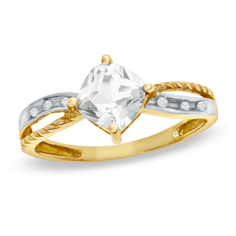 Main Image 1 of Previously Owned - 6.0mm Cushion-Cut White Topaz and Diamond Accent Ring in 10K Gold